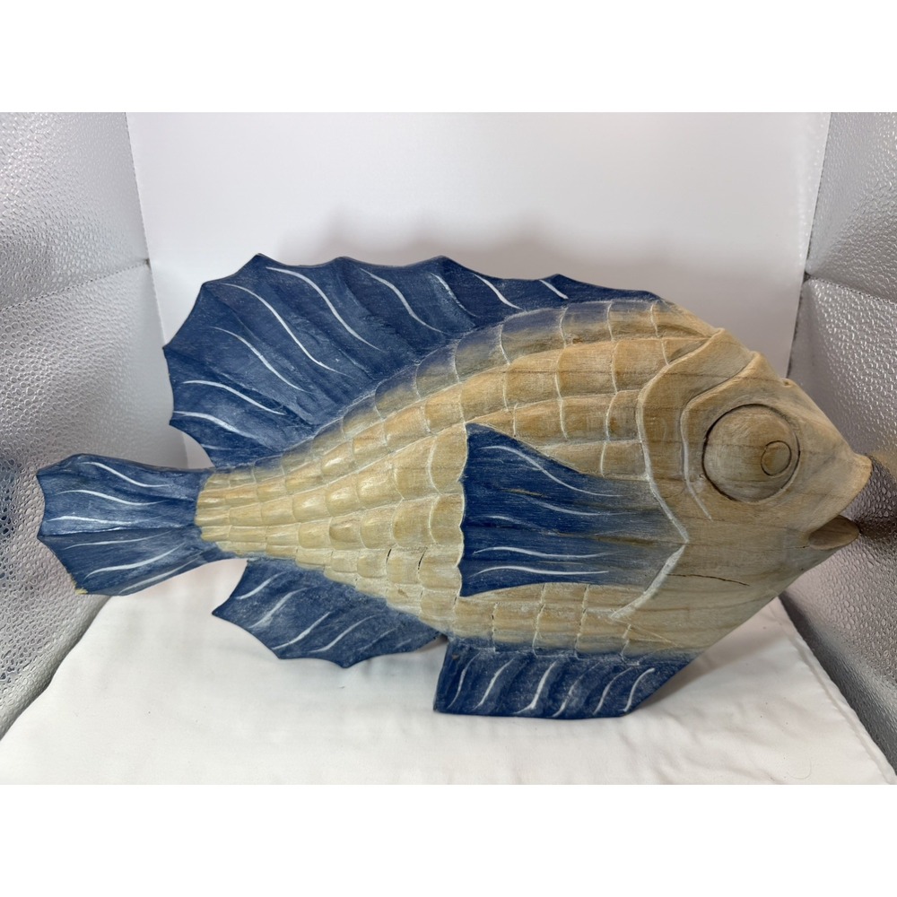 Wooden Tropical Fish Handmade Large Beach Hand Carved Painted Blue